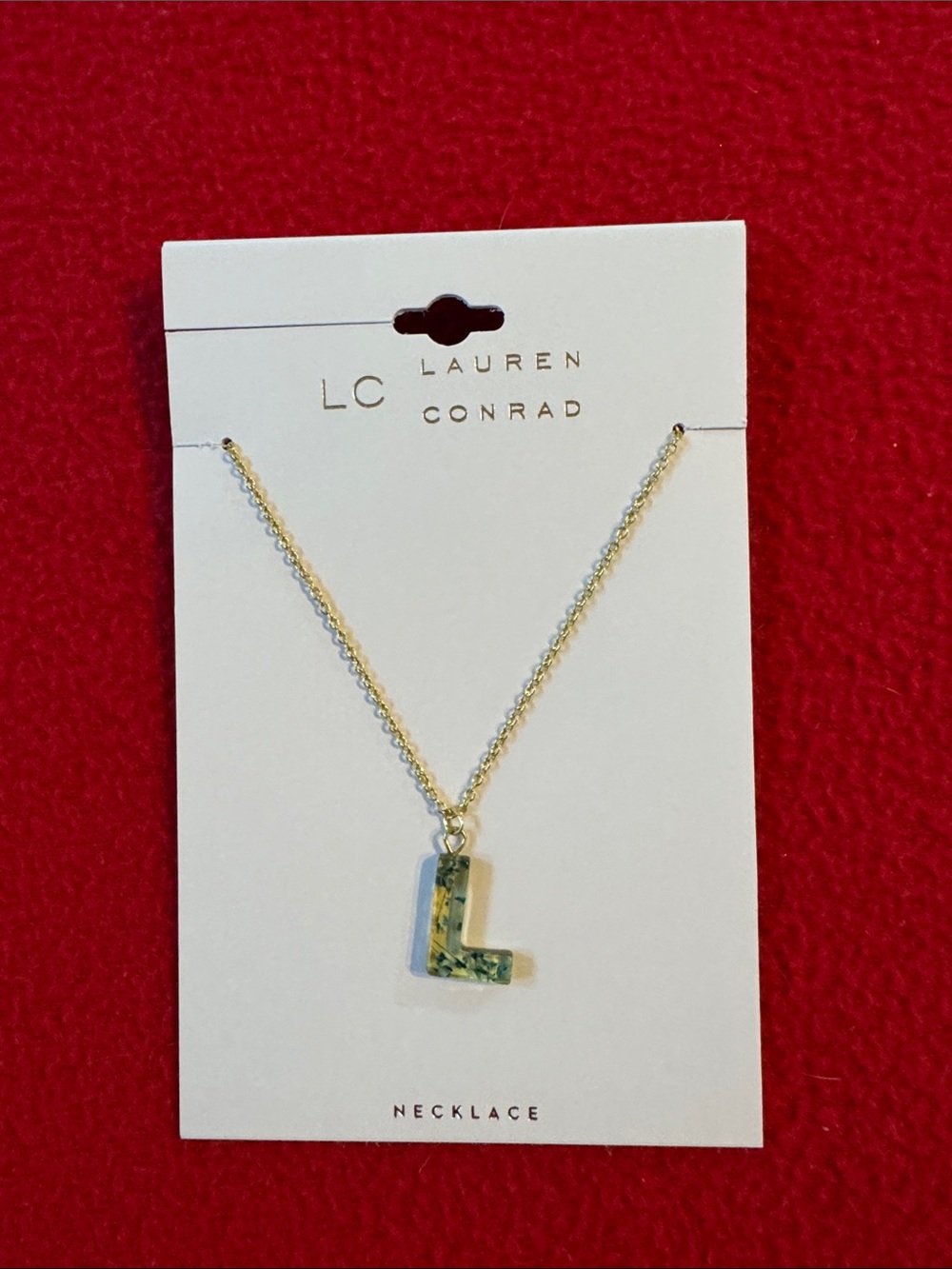 LC Lauren Conrad Goldtone Initial L Necklace with Pressed Blue Flowers Unique 🎁